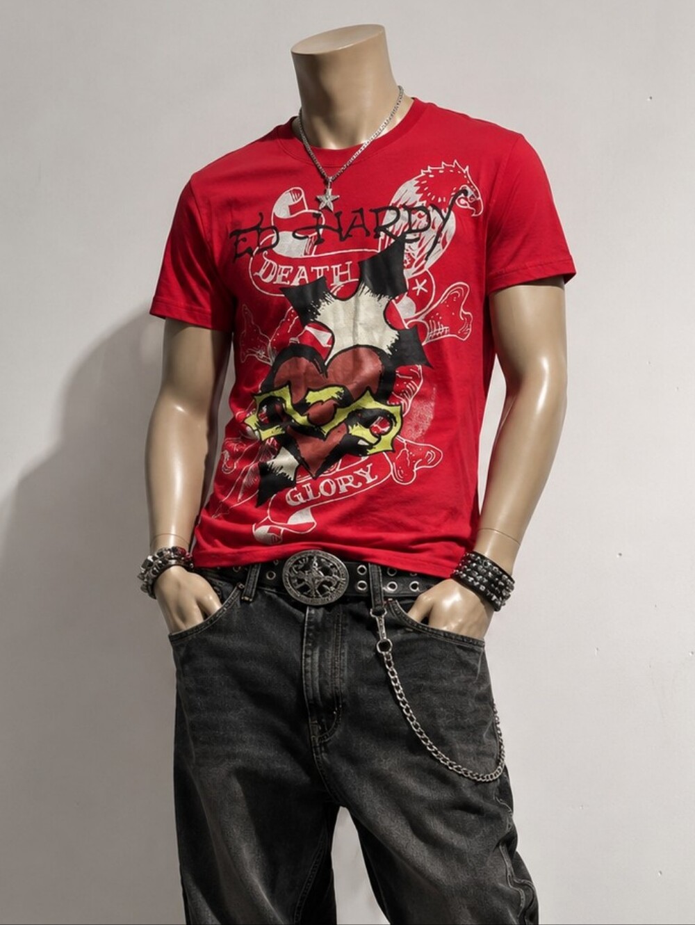 Ed Hardy Christian Audigier Red Tattoo Graphic Tee Shirt Death Glory Small